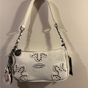 Ed Hardy White Studded shoulder Crossbody Purse with gothic charms NWT